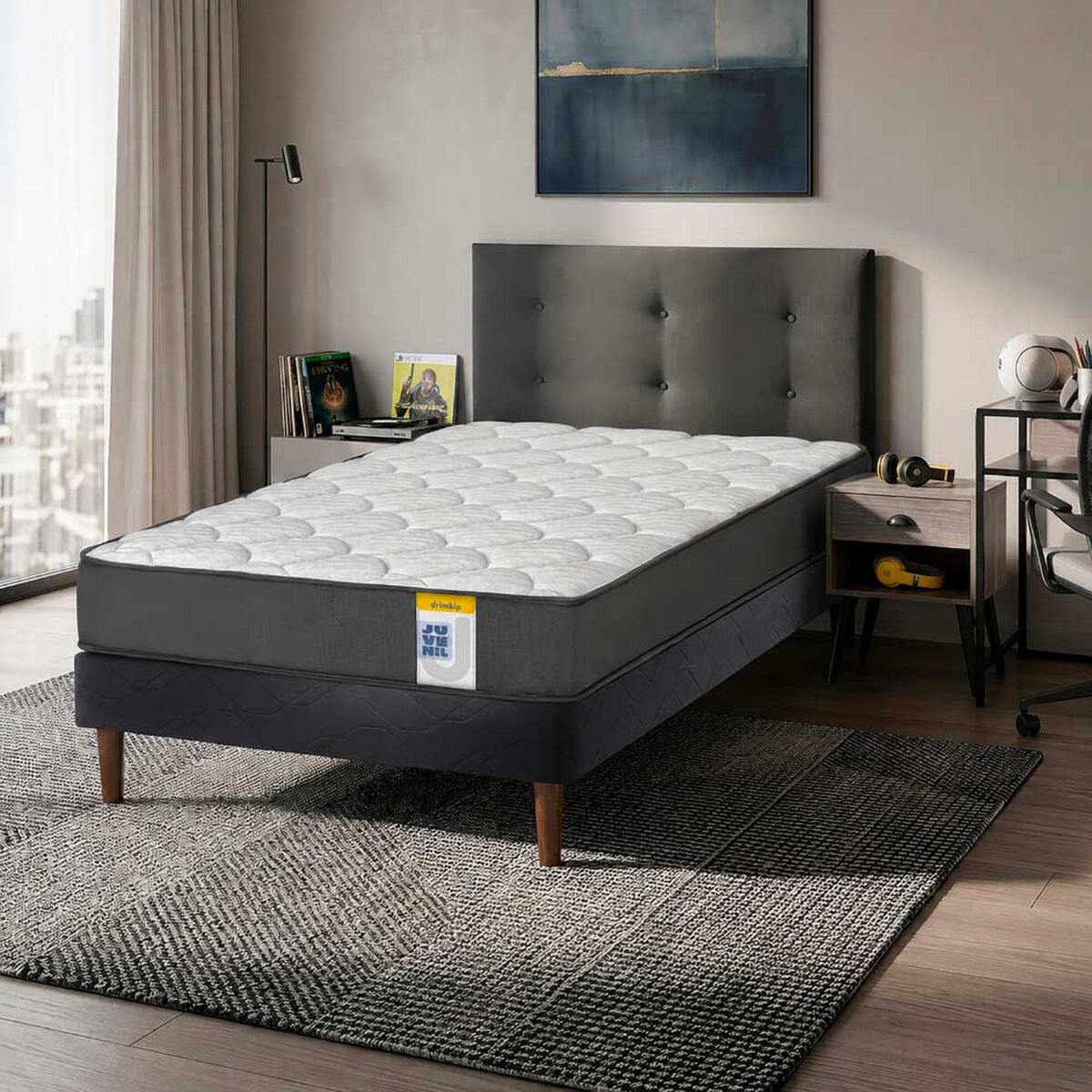 Cama Europea Drimkip 1,5 Plazas Box Juvenil + Respaldo Royal Drimkip + Velador Rock