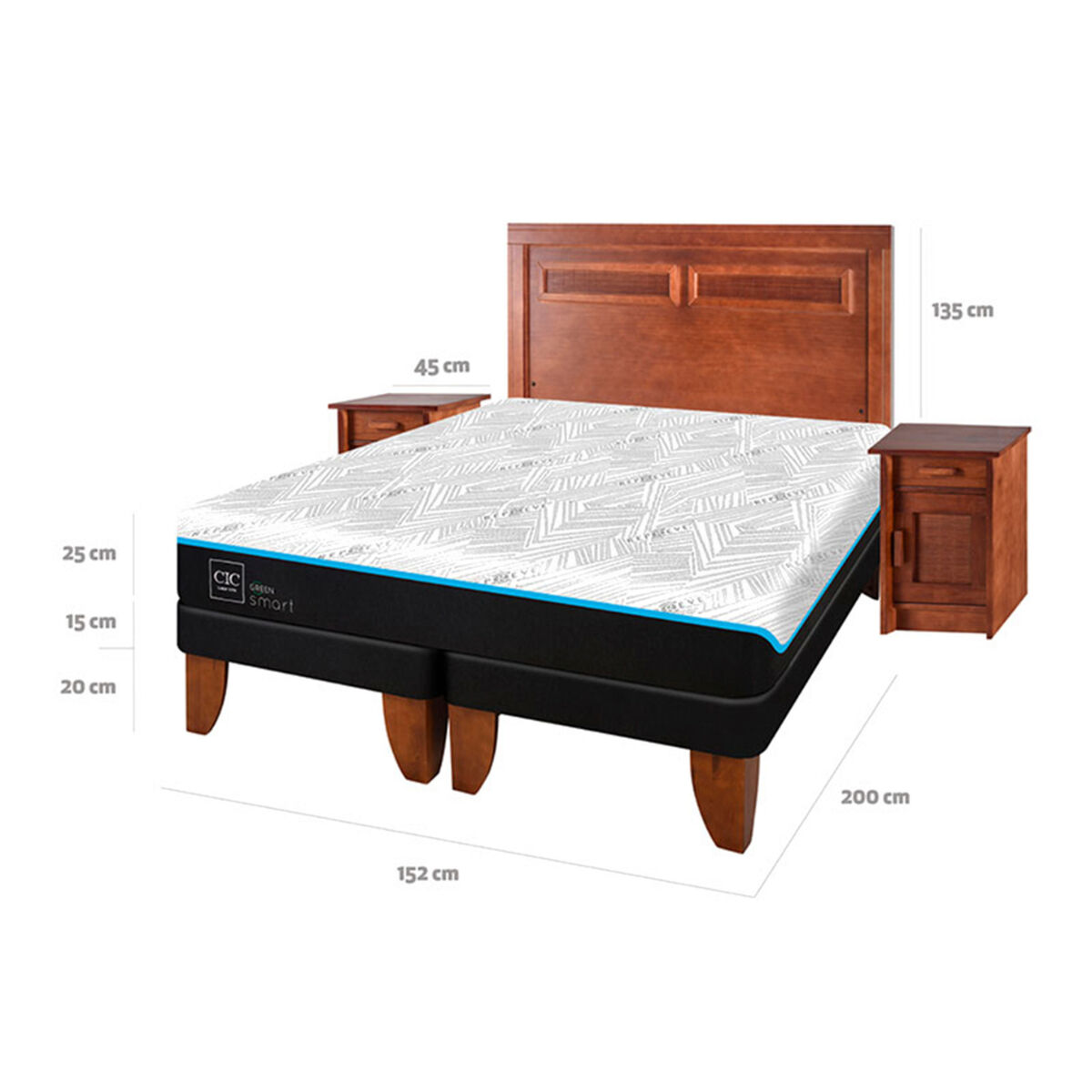 Cama Europea CIC Green Infinity 2 Plazas + 1 Respaldo + 2 Veladores Milan