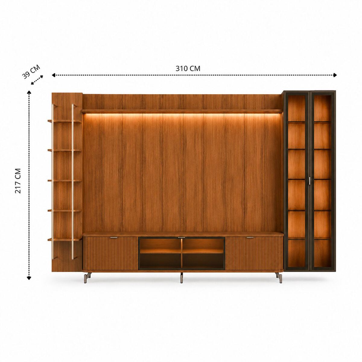 Rack TV 80" + Panel Neon Float LED + Vitrinas 2 Puertas + Repisas Decocasa Canela