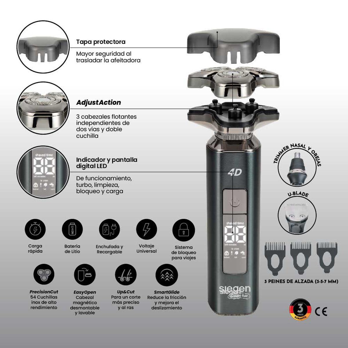 Afeitadora Siegen SG-7225 Trimmer 3 en 1