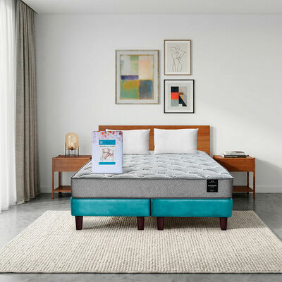 Combo Cama Europea Latam Home 2 Plazas Cannon BD Tela Turquesa + Textil + Resp. + 2 Veladores Orion