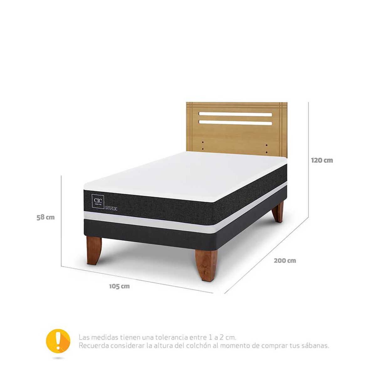 Cama Europea CIC 1,5 Plazas Ortopedic + Respaldo Munich Mostaza