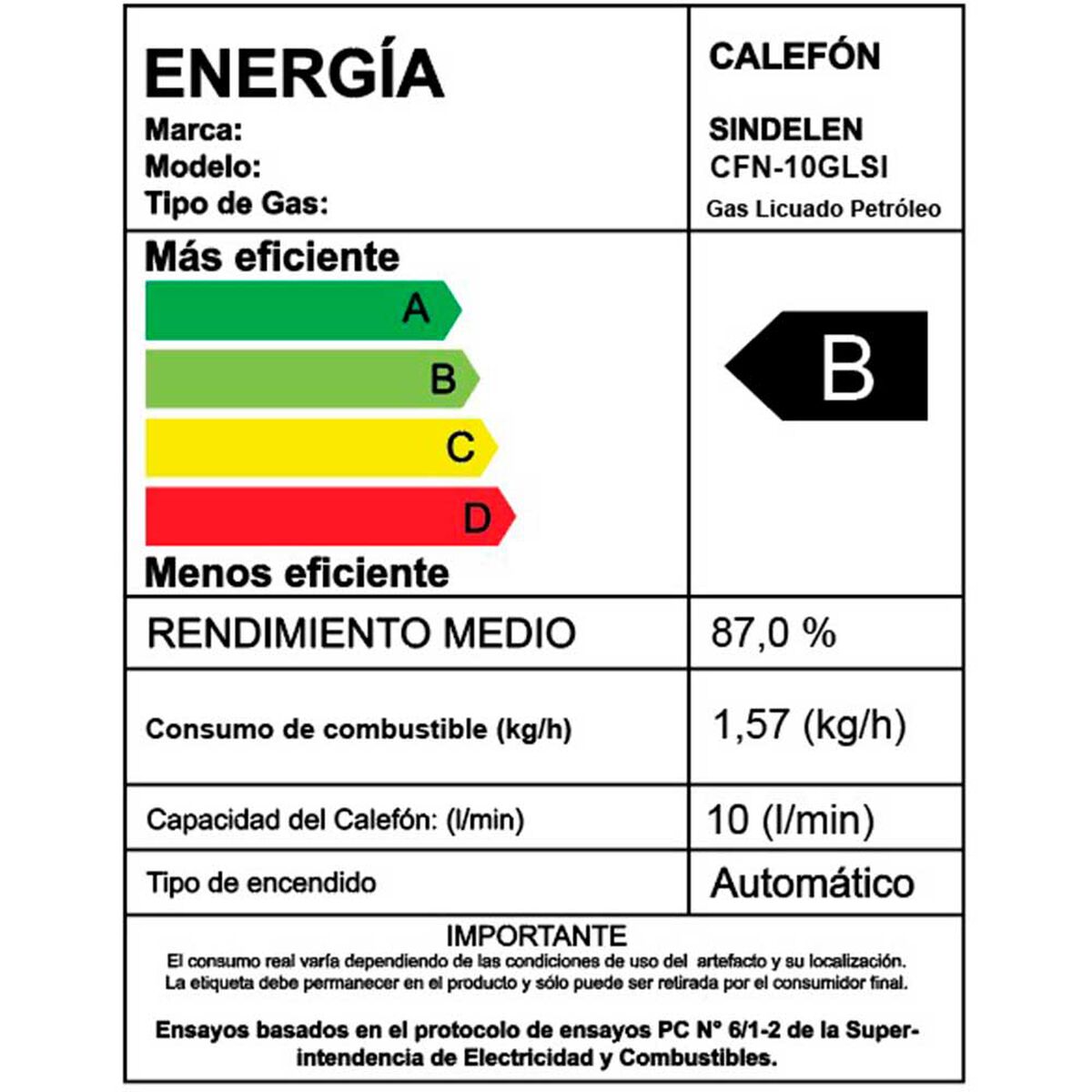 Calefont Gas Licuado Sindelen CFN-10GLSI 10 lt Tiro Natural
