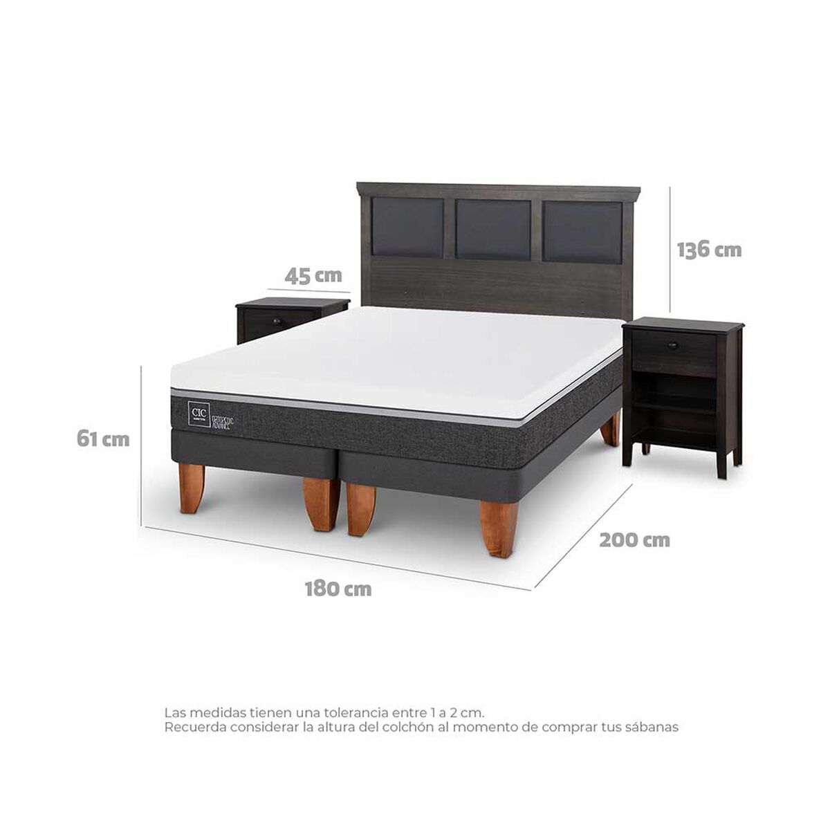 Cama Europea CIC Base Dividida King Ortopedic Advance + Respaldo + 2 Veladores Torino