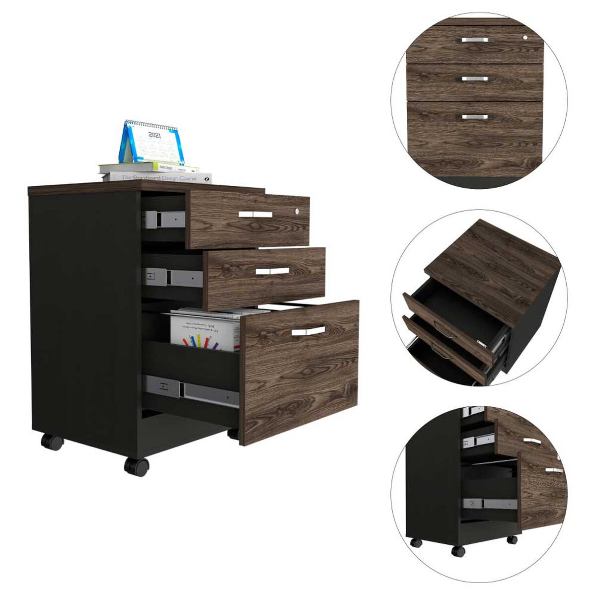 Mueble Archivador TuHome Home Office 3 Cajones Negro Soft Coñac