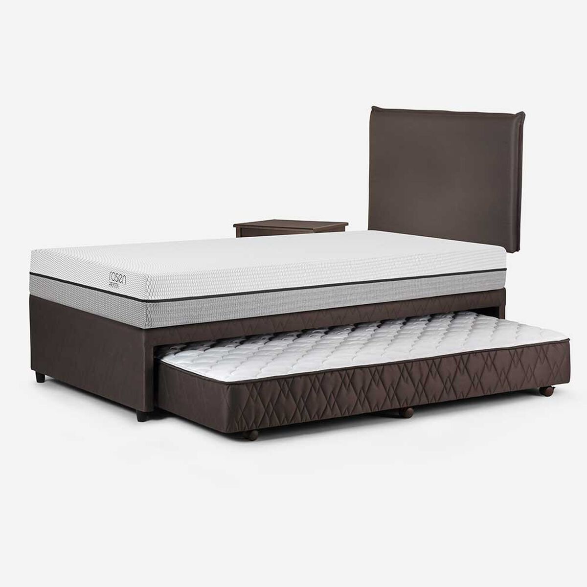 Cama Nido Rosen 1,5 Plazas Pratta + Respaldo + Velador Maurice Chocolate