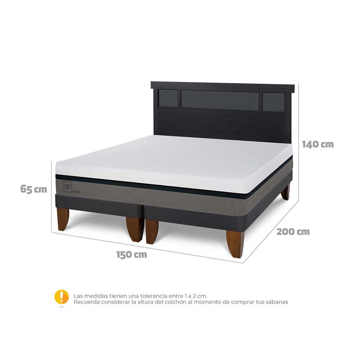 Cama Europea CIC Base Dividida 2 Plazas Balance + Respaldo Dublin Negro