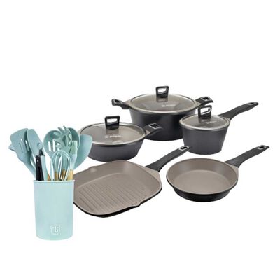 Batería de Cocina Simplit Aluminio Fundido 8 Piezas Negro + Set 12 Utensilios Calipso