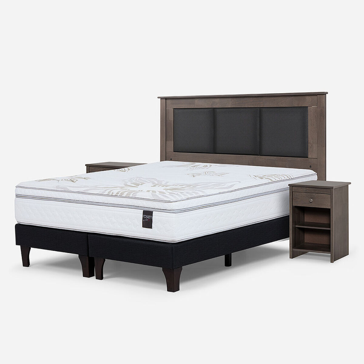 Cama Europea Rosen 2 Plazas Art 4 + Respaldo + Velador Rachel Gris
