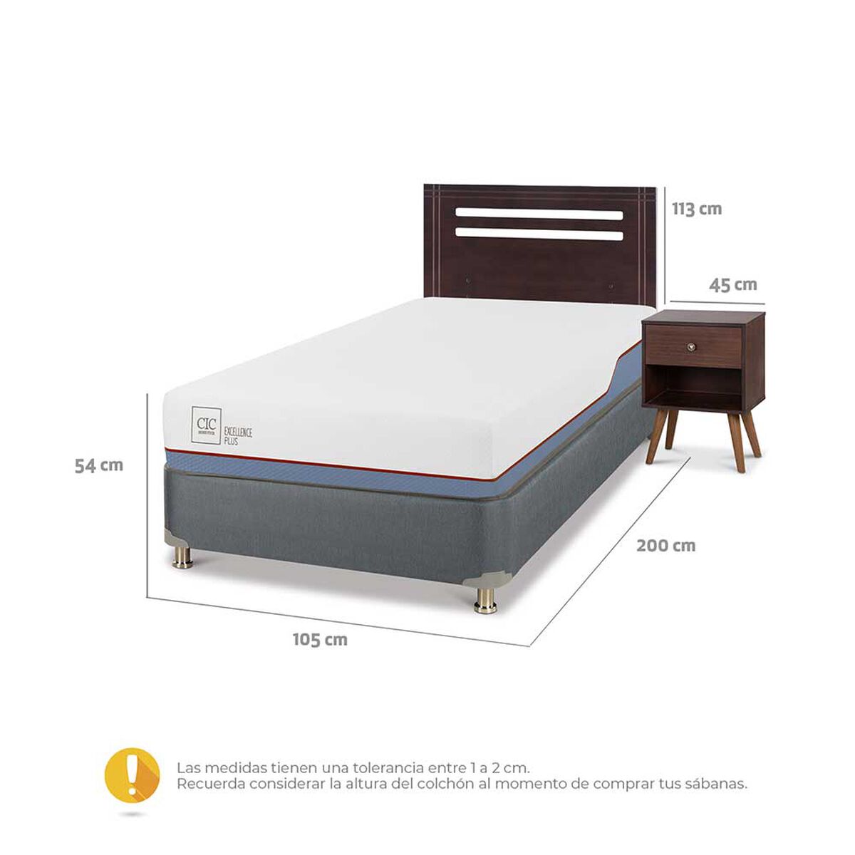 Cama Americana CIC 1,5 Plazas Excellence Plus + Respaldo + 1 Velador Munich