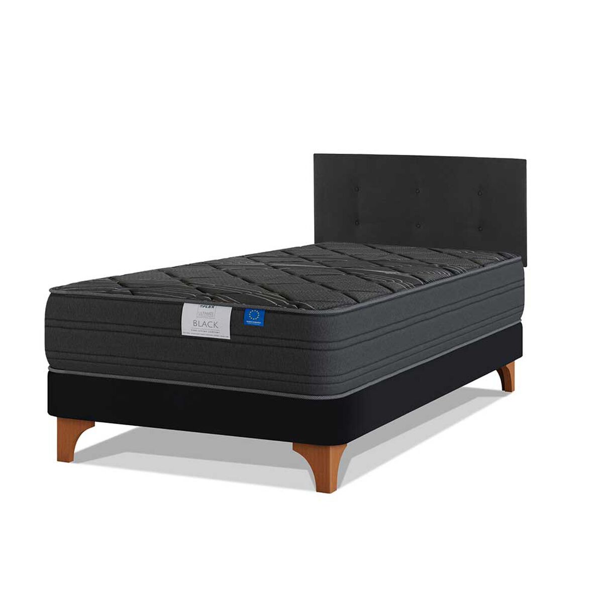 Cama Europea Flex 1,5 Plazas Black + Respaldo Royal Negro
