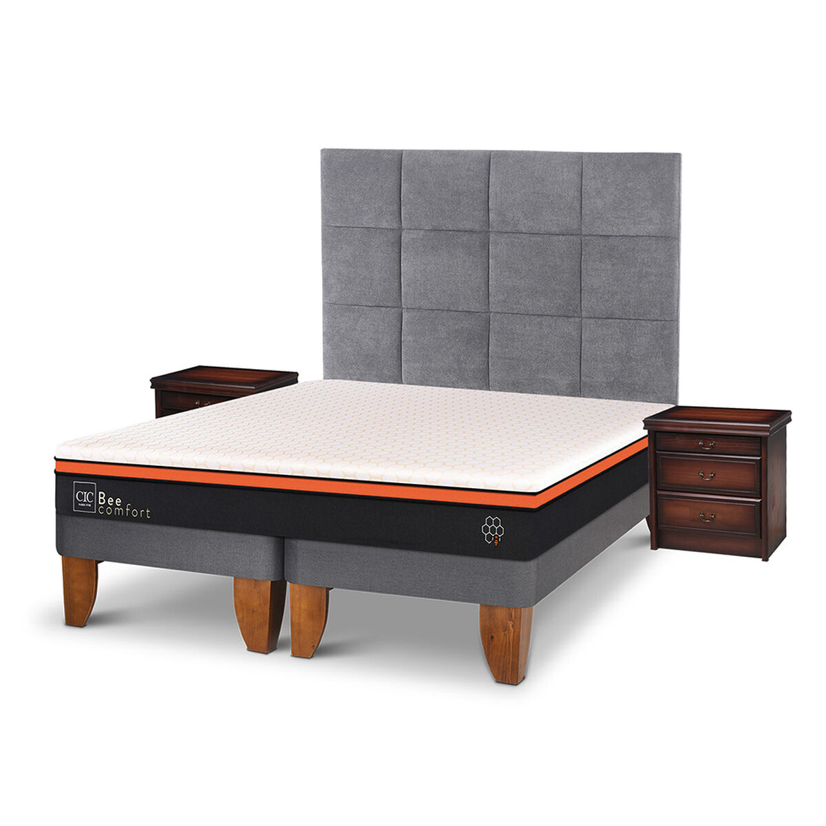 Cama Europea CIC Base Dividida 2 Plazas Bee Comfort + Respaldo + 2 Veladores