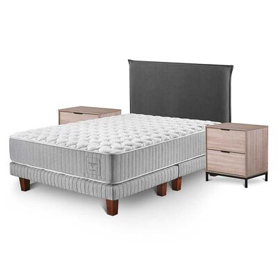 Cama Europea Cannon 2 Plazas Hybrid Cotton + Respaldo Lino Gris + Velador Volga