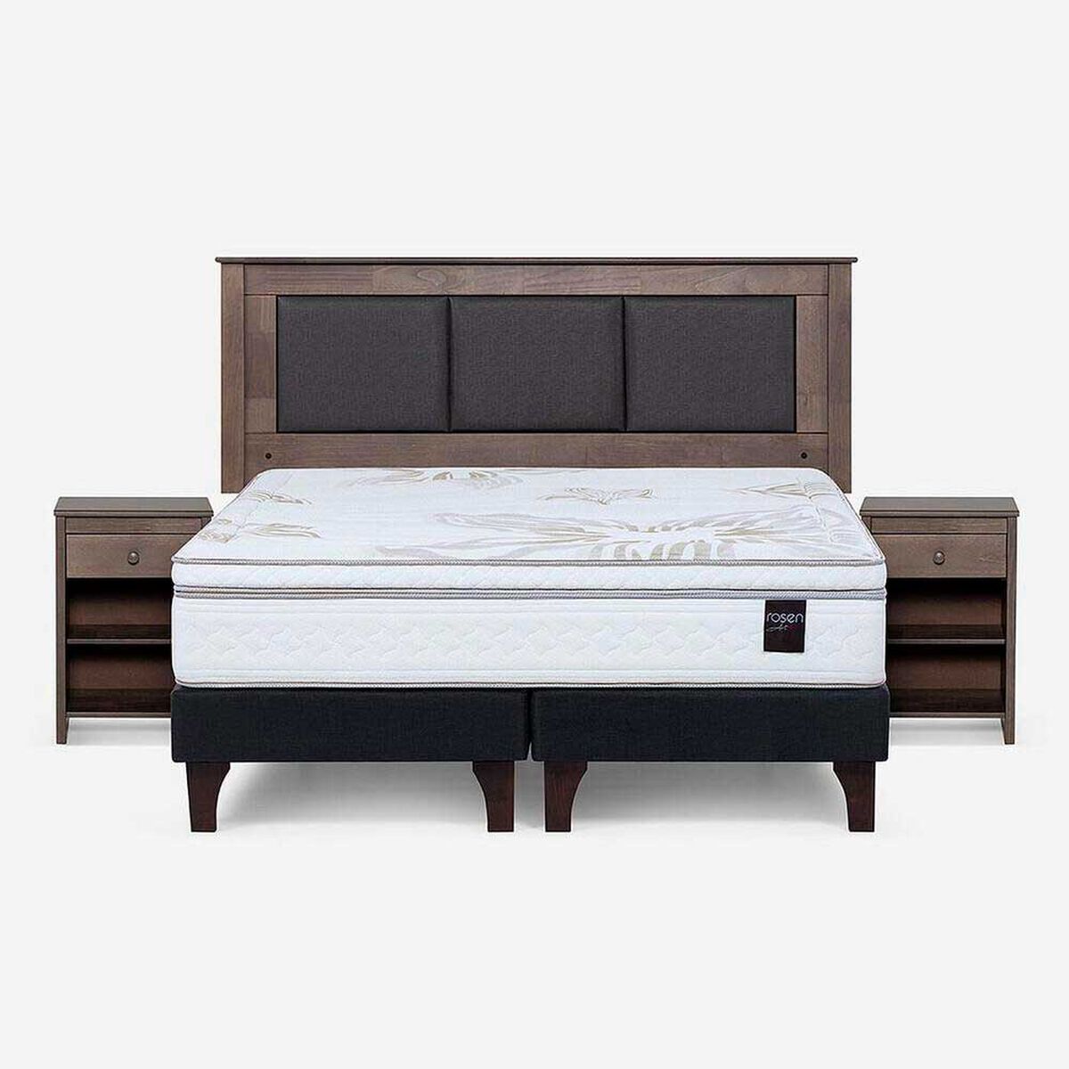 Cama Europea Rosen 2 Plazas Art 4 + Respaldo + Velador Rachel Gris
