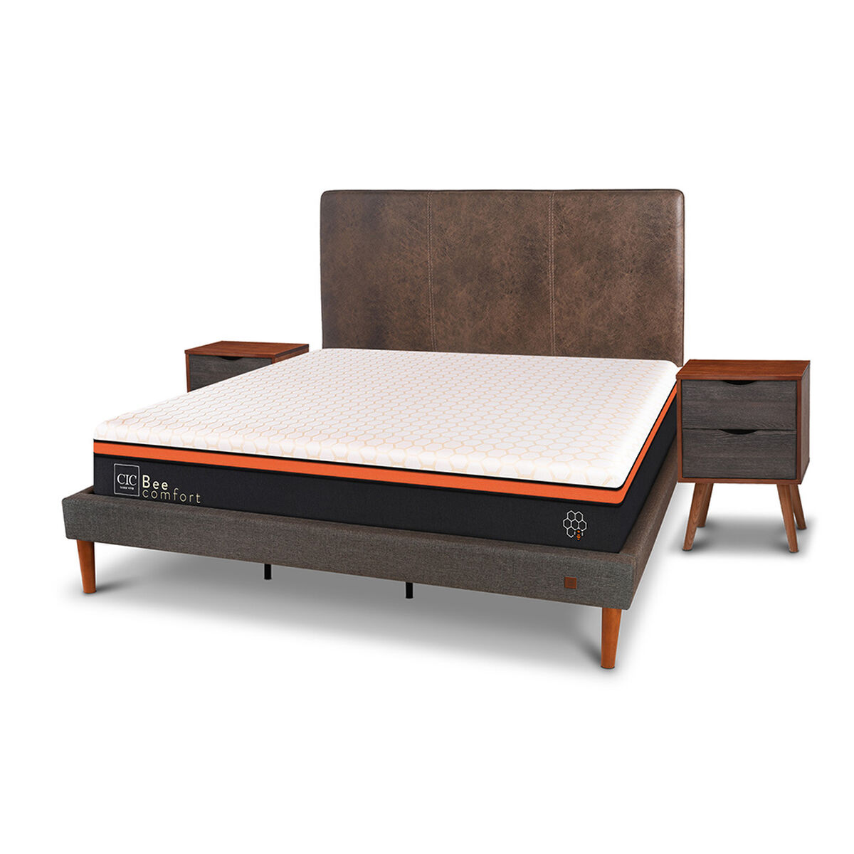 Cama Europea Curve CIC King Bee Comfort + Respaldo + 2 Veladores