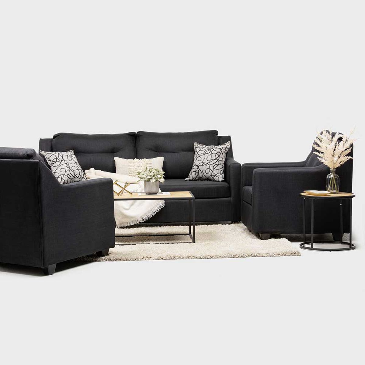 Juego de Living Almore Noruega Sofá 3 Cuerpos + Dos Sillones 1 Cuerpo Negro