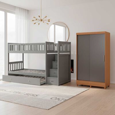Combo Camarote Triple Casanova 1 Plaza Los Angeles con Escalera 4 Cajones + Closet Casanova Fit 2 Puertas Jequitiba Grafito