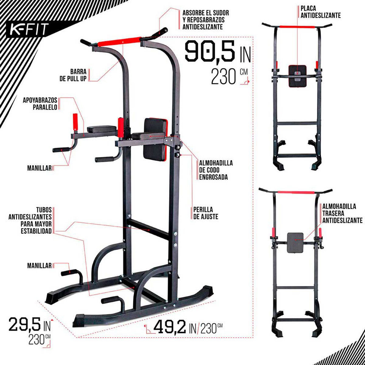 Torre Multifuncional de Ejercicios Fitness K-FIT + Set de Mancuernas K-FIT con Barra Ajustable 20Kg
