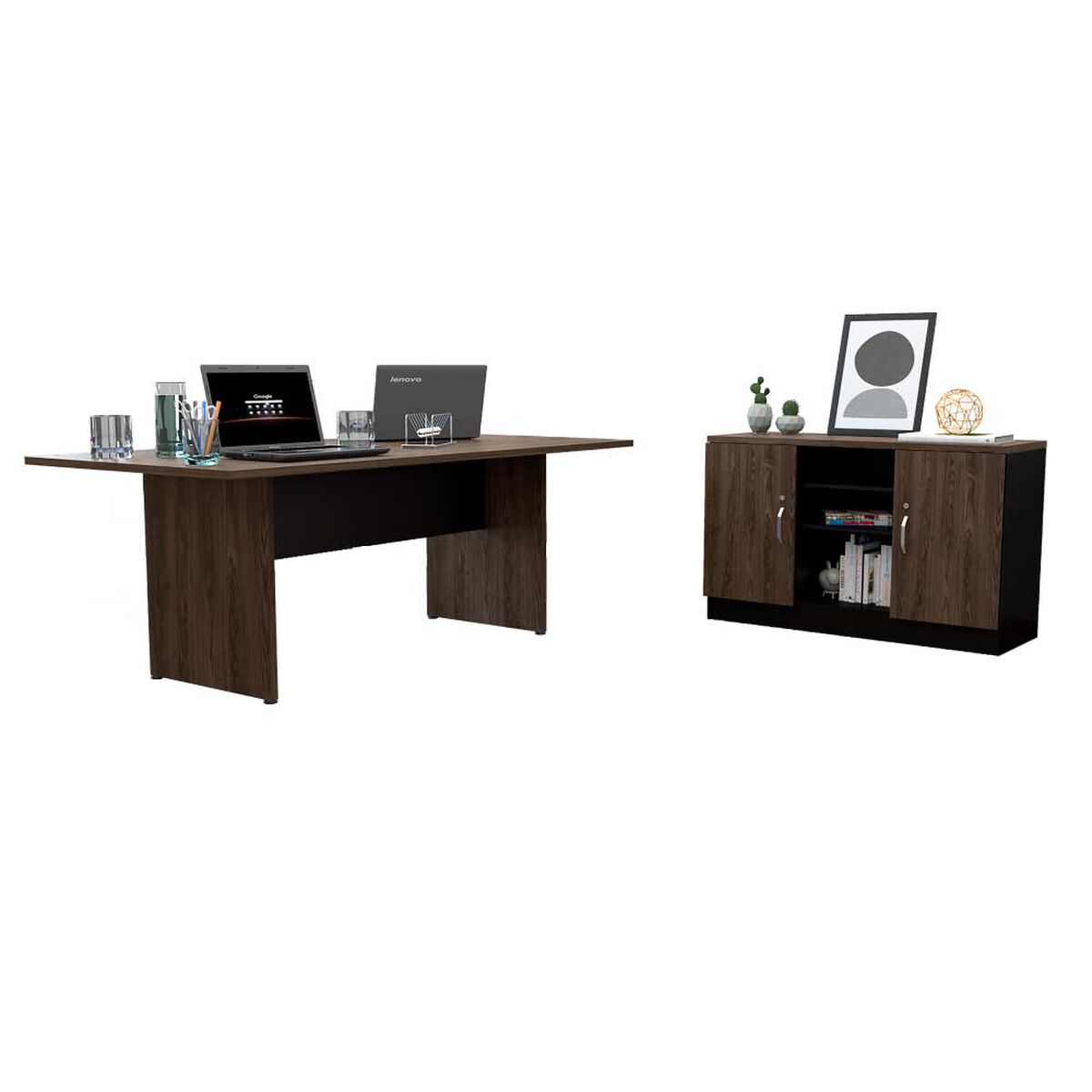Combo Mesa de Reuni&oacute;n M-200 + Gabinete Home Office  Negro Soft Co&ntilde;ac Tuhome