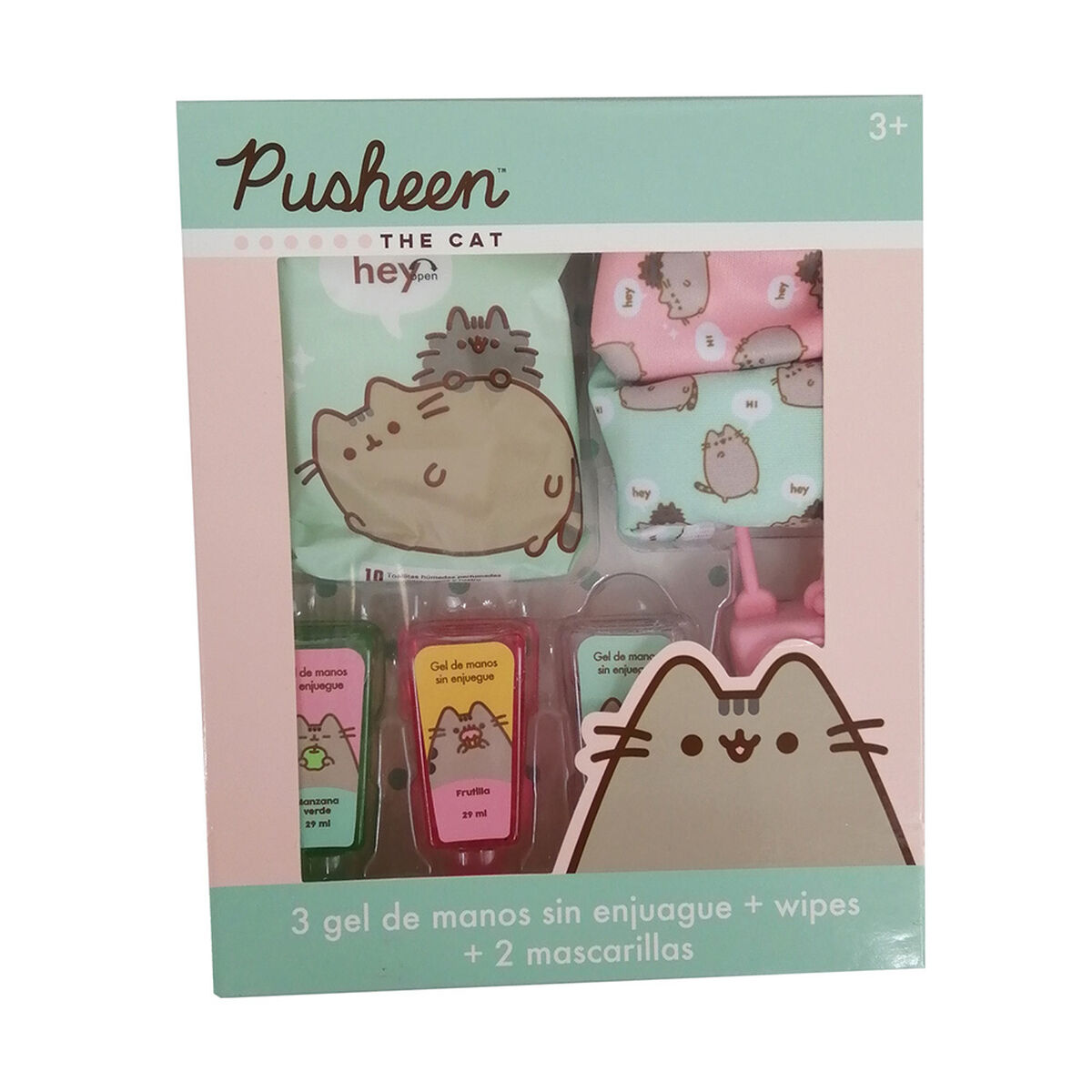 Set 3 Alcohol Gel + 1 Colgador + 2 Mascarillas + 1 Toallitas Desinfectantes Pusheen