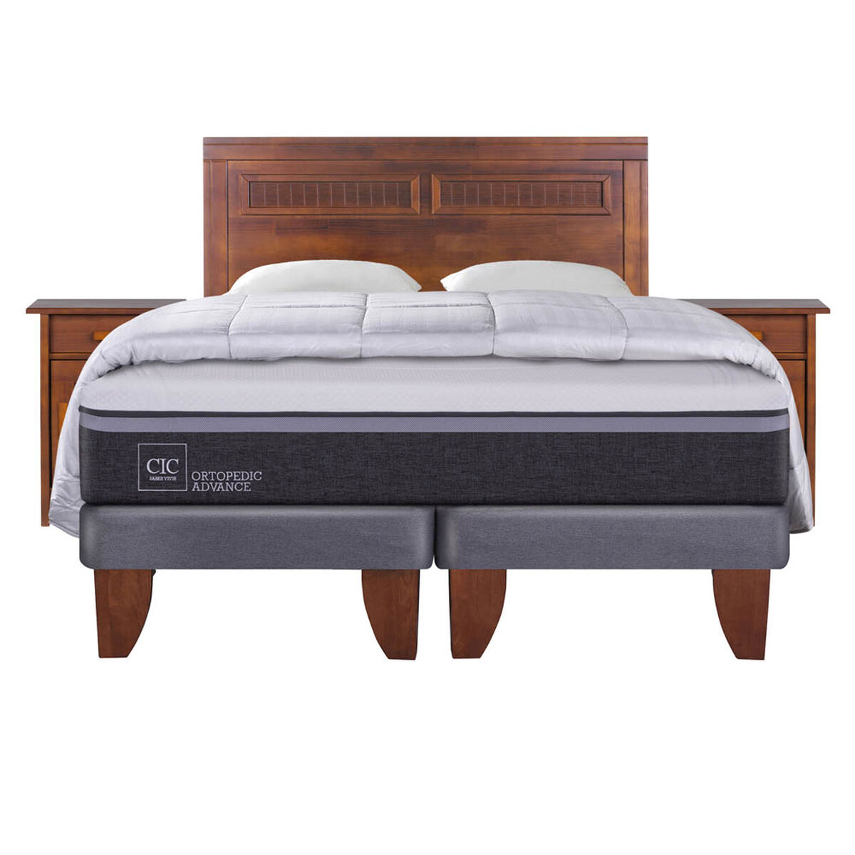 Cama Europea CIC Base Dividida King Ortopedic Advance + Respaldo + 2 Veladores Milan + 2 Almohadas + Plum&oacute;n