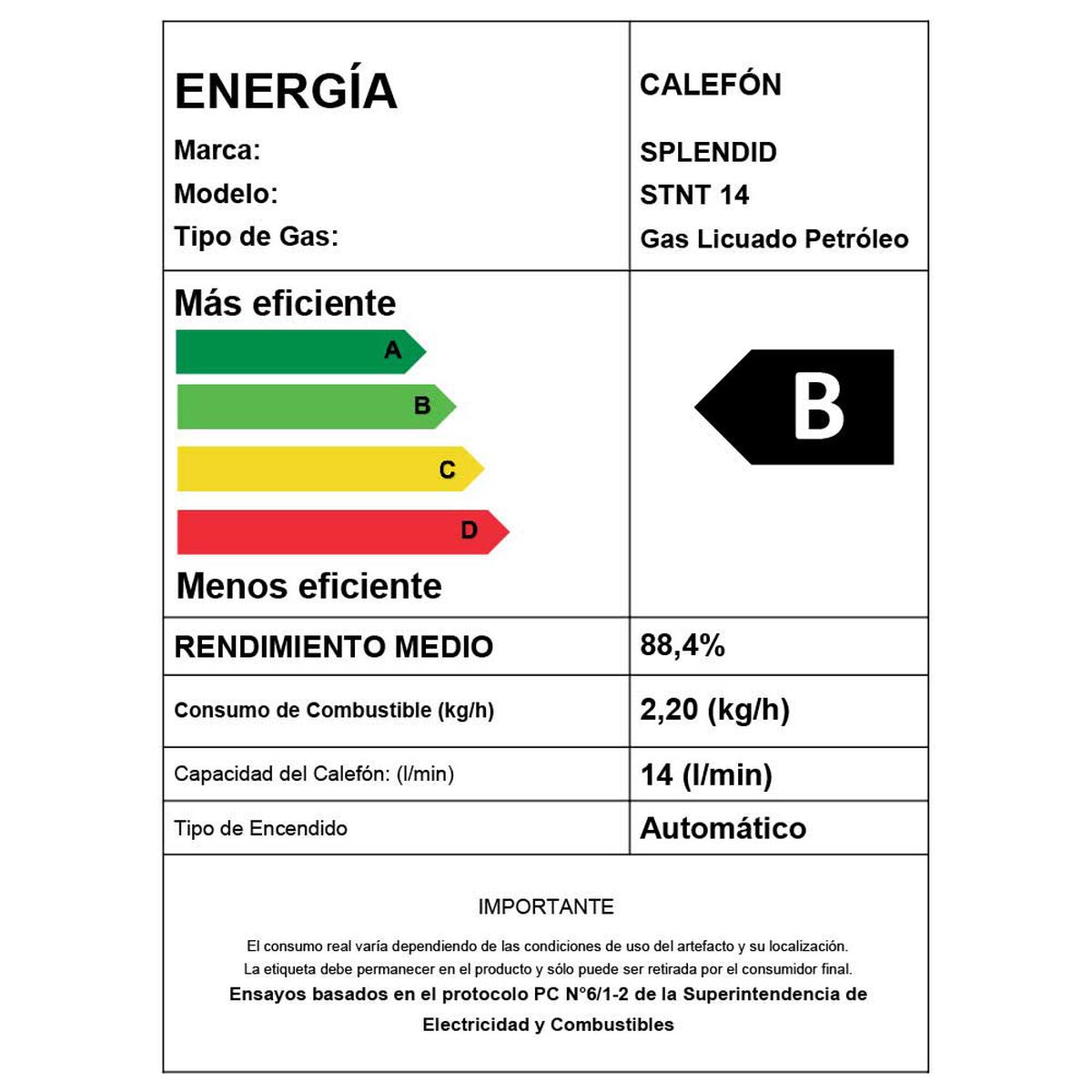 Calefont 14 litros Gas licuado Tiro natural Splendid