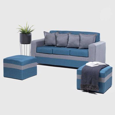 Juego de Living Almore Paris Sofá 3 Cuepos + Dos Pouf 1 Cuerpo Gris Azul