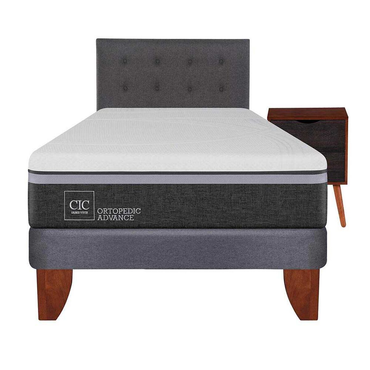 Cama Europea CIC 1,5 Plazas Ortopedic Advance + Respaldo + Velador Eufrates