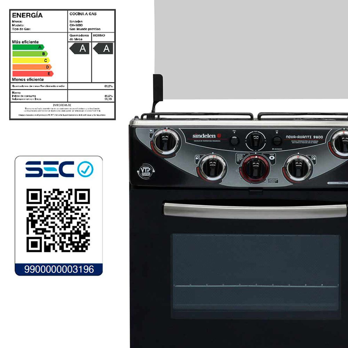 Cocina a Gas Sindelen CH-9800NG 4 Quemadores