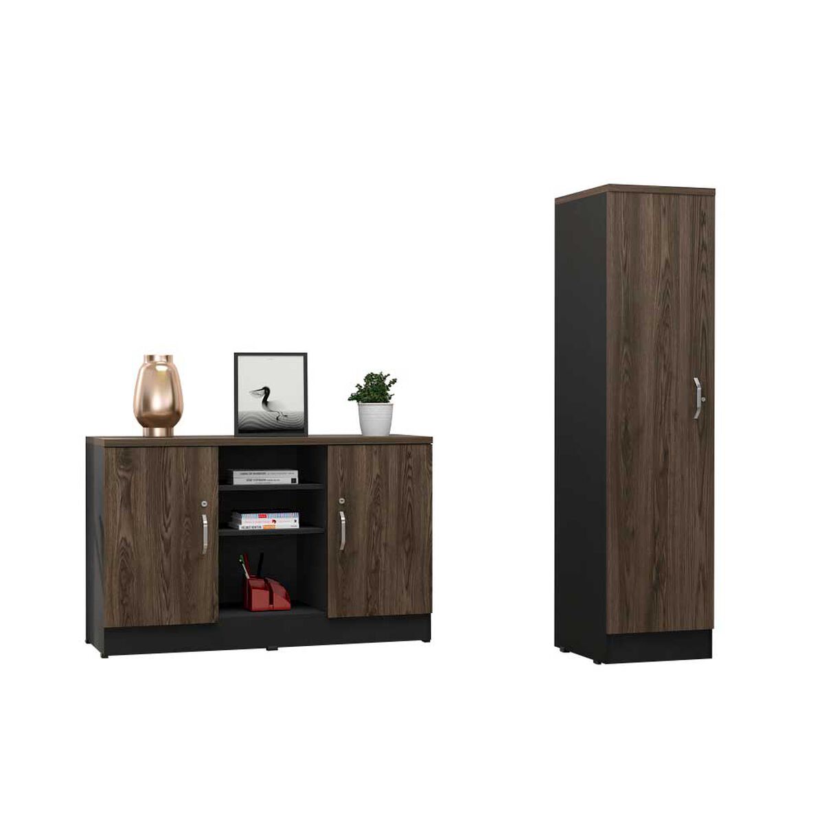 Combo Gabinete 2 Puertas + Biblioteca 1 Puerta TuHome Home Office Negro Soft-Co&ntilde;ac