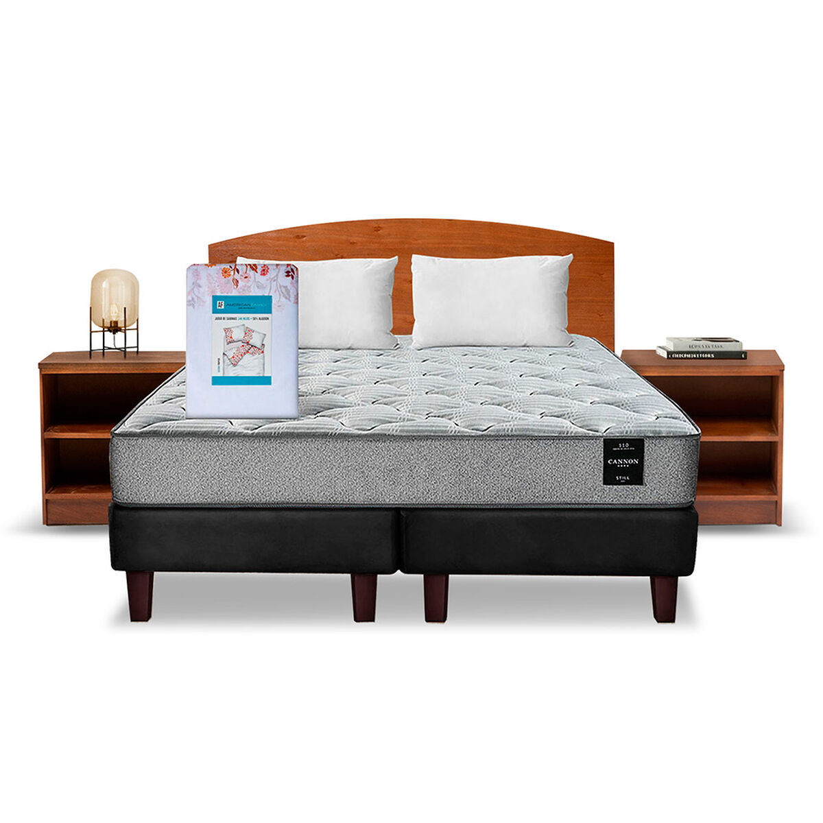 Combo Cama Europea Latam Home 2 Plazas Cannon BD Tela Negro + Textil + Respaldo + 2 Veladores Atlas