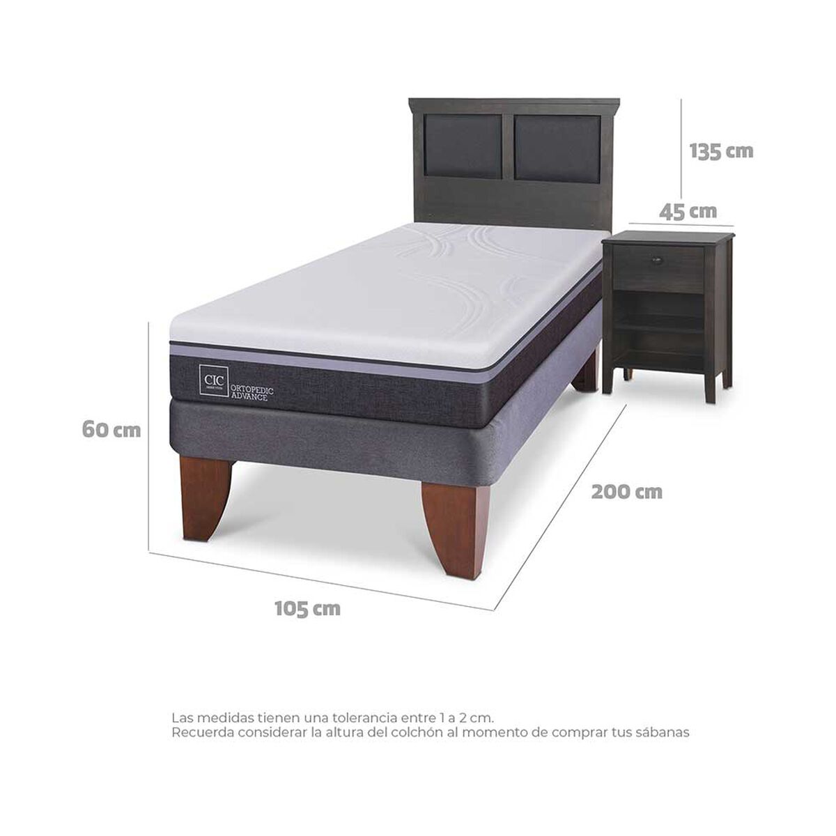 Cama Europea CIC 1,5 Plazas Ortopedic Advance + Respaldo + Velador Torino
