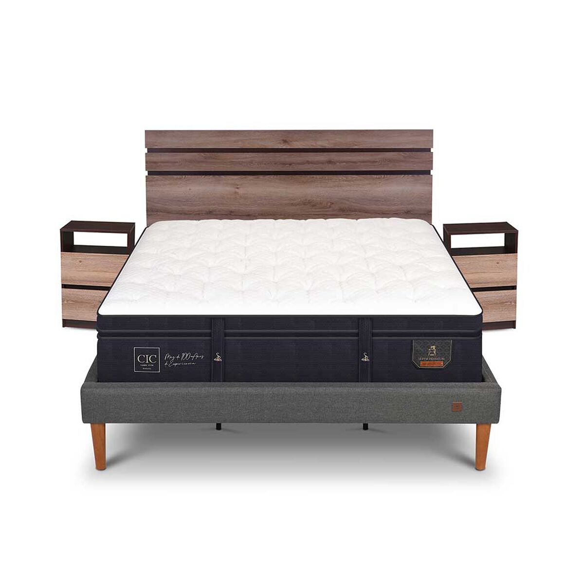 Cama Europea CIC King S&uacute;per Premium + Respaldo + Veladores