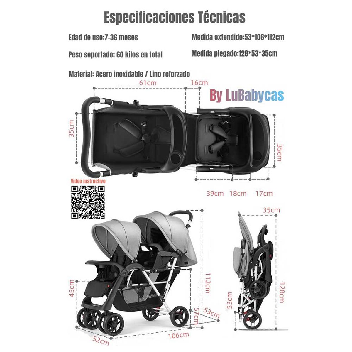 Coche Doble Duo Reclinable Plegable Gris By LuBabycas