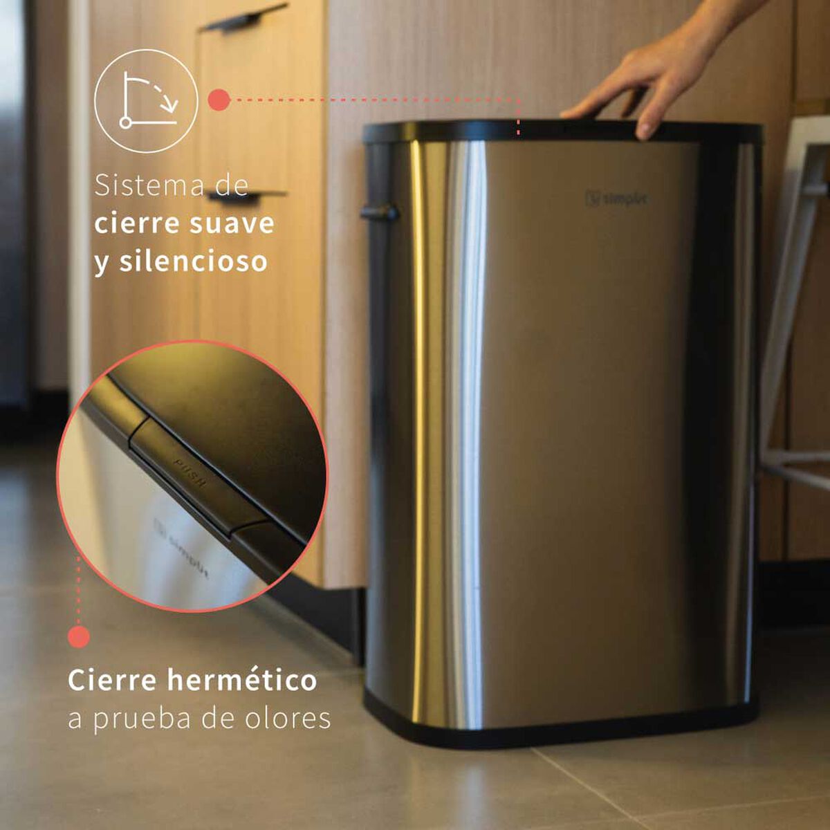 Basurero de Cocina Simplit Handy Táctil Acero Inoxidable 55 lt Gris