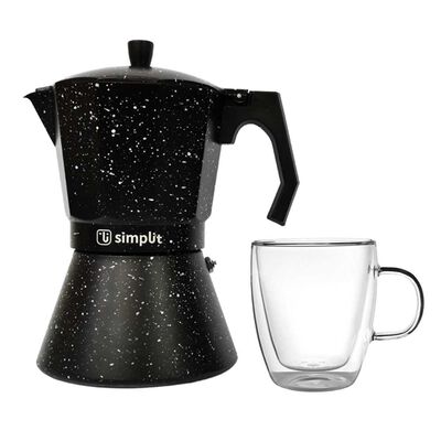 Pack Cafetera Italiana + Taza Doble Pared 350 ml Simplit Negro