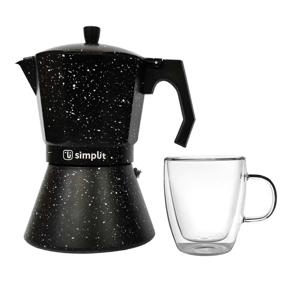 Pack Cafetera Italiana + Taza Doble Pared 350 ml Simplit Negro