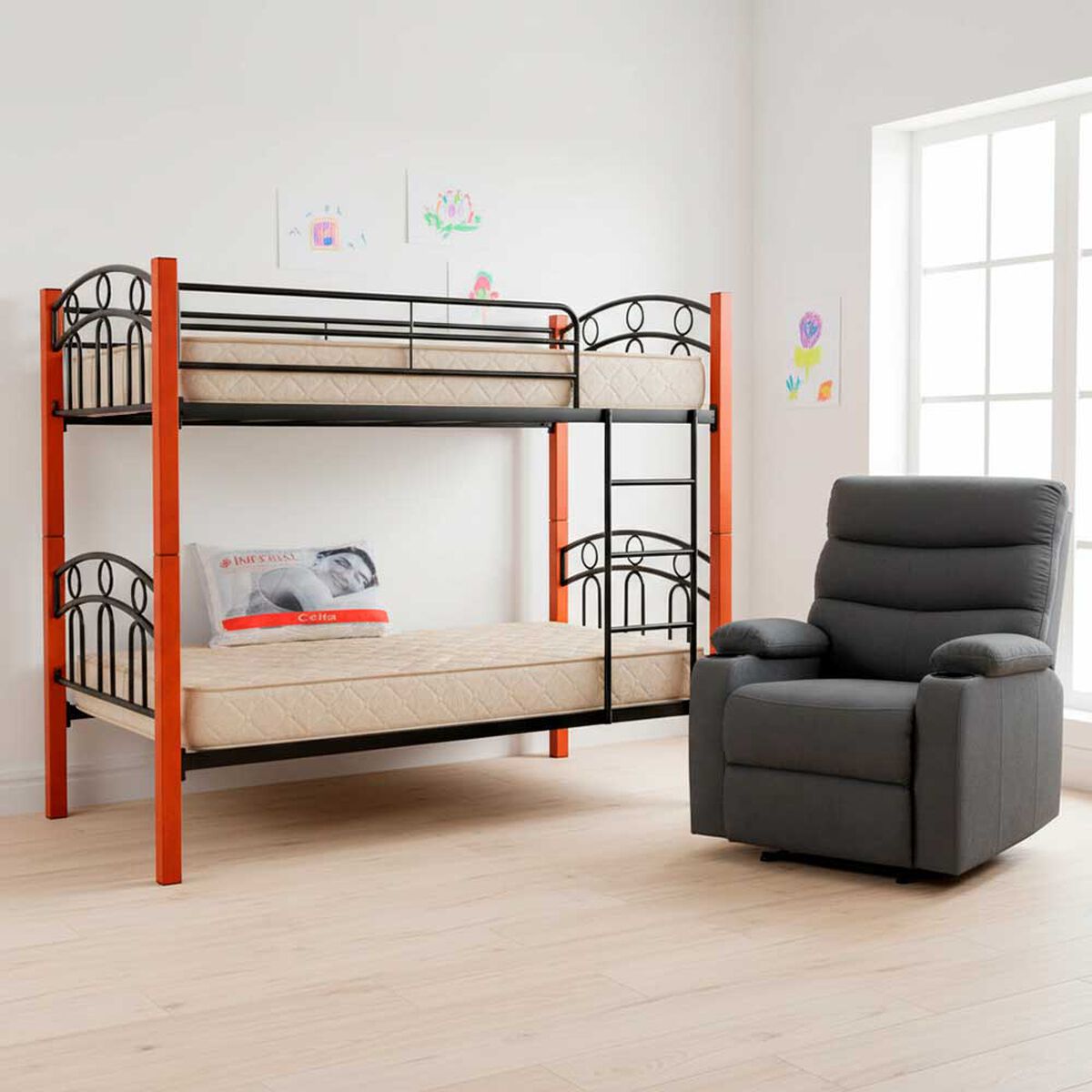 Combo Bergere Casanova Bark Gris Oscuro + Camarote Casanova 216 Dd 1 Plaza Capuccino + Celta Pack 2 Colchones 1 Plaza Evolution 190x90CM + Pack Almohadas Celta Imperial Soft Blanco 65 x 45 cm