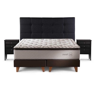 Imagen 1 del producto Cama Europea Rosen Base Dividida 2 Plazas Nest + Respaldo + 2 Veladores Issey Grafito