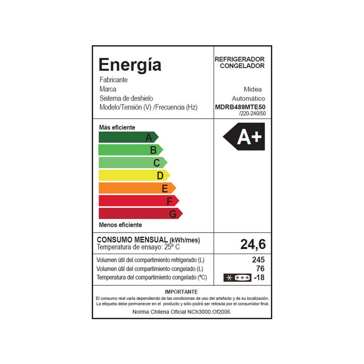 Refrigerador No Frost Midea MDRB489MTE50 321 lts.