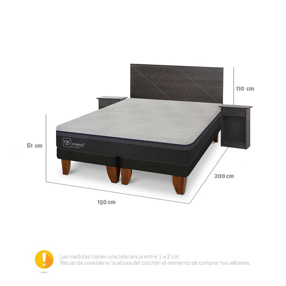 Cama Europea CIC Base Dividida 2 Plazas Hybrid Plus Infinity + Respaldo + 2 Veladores Villarrica