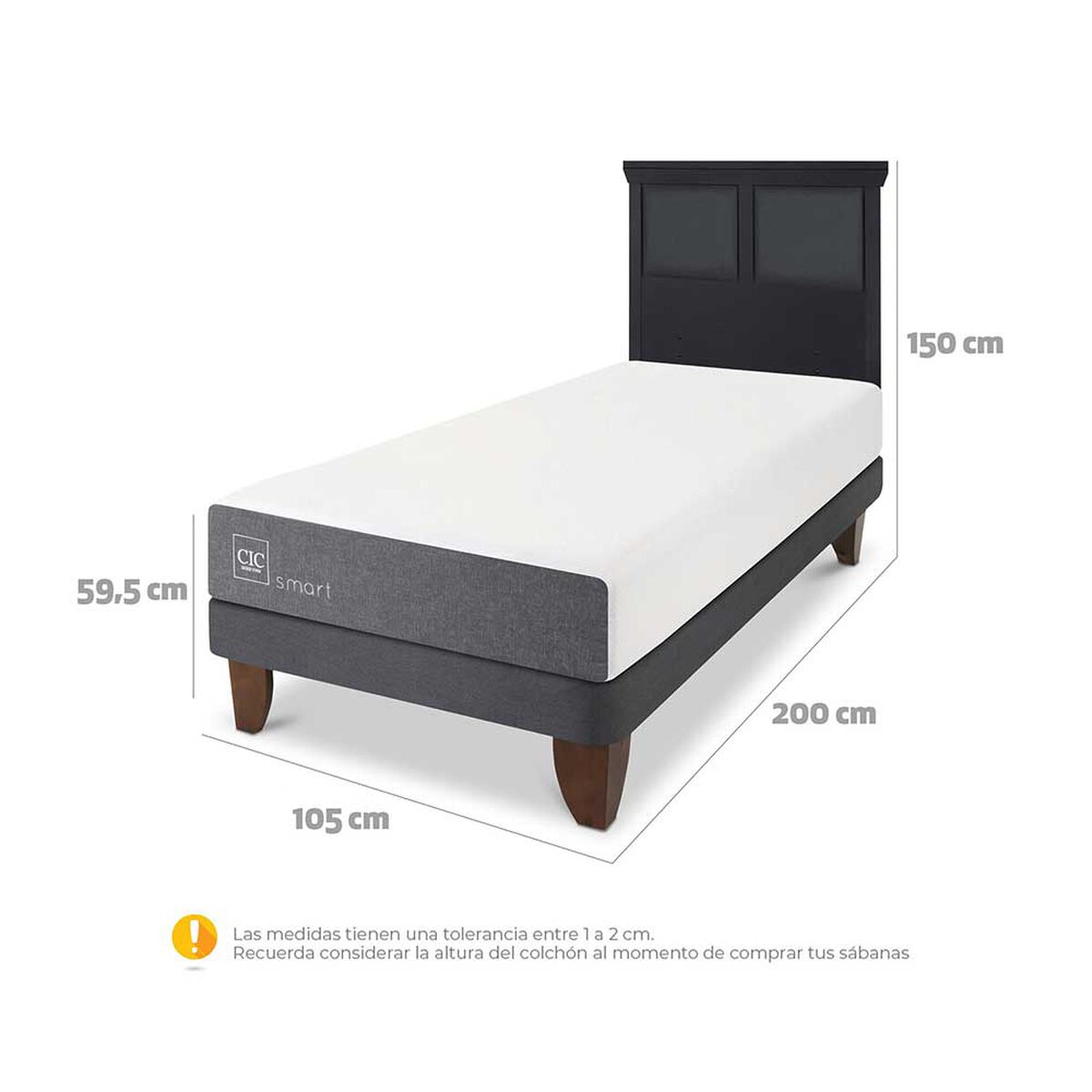 Cama Europea CIC 1,5 Plazas Smart + Respaldo Torino Negro
