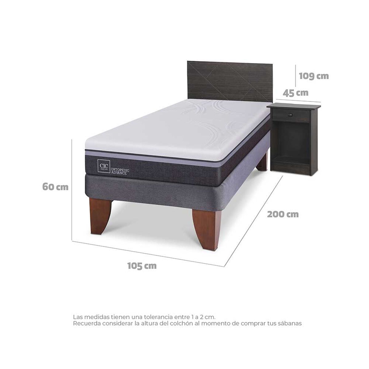 Cama Europea CIC 1,5 Plazas Ortopedic Advance + Respaldo + Velador Villarrica