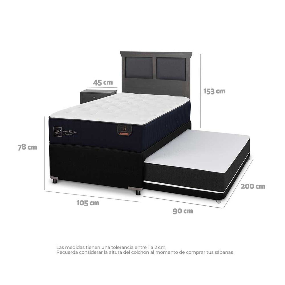 Cama Nido CIC 1,5 Plazas Premium + Respaldo + Velador Torino