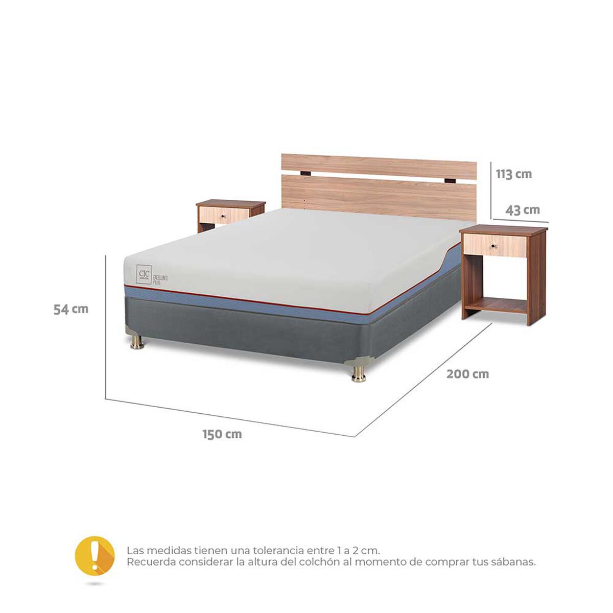Cama Americana CIC 2 Plazas Excellence Plus + Respaldo + 2 Veladores
