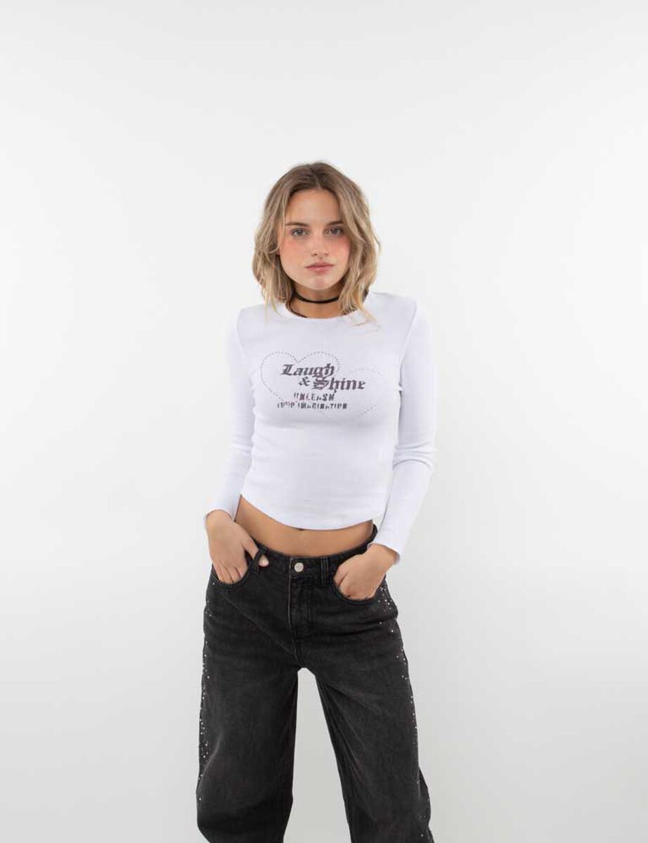 Polera Crop Con Estampado Manga Larga Mujer Icono