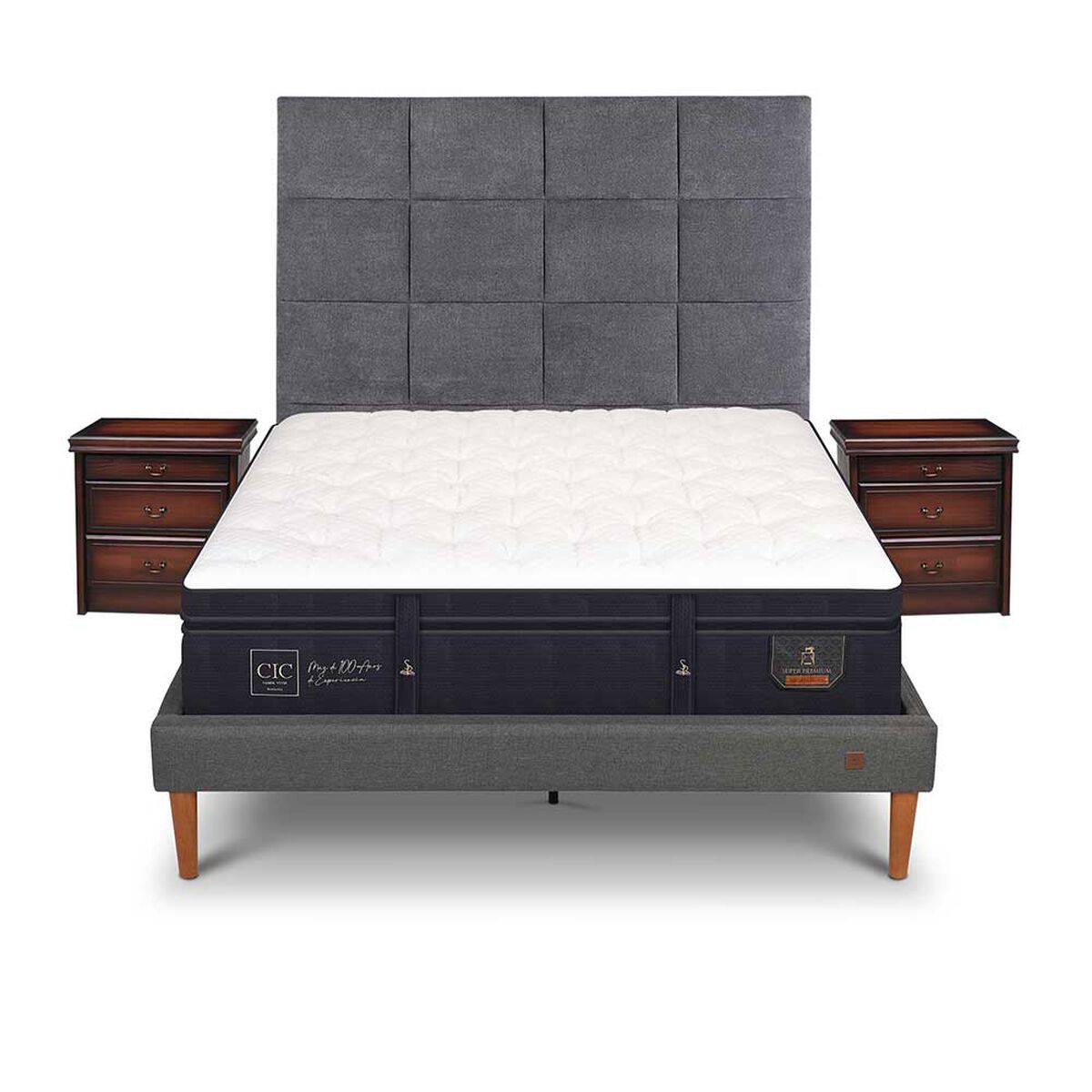 Cama Europea CIC 2 Plazas Súper Premium + Respaldo + 2 Veladores Tamesis