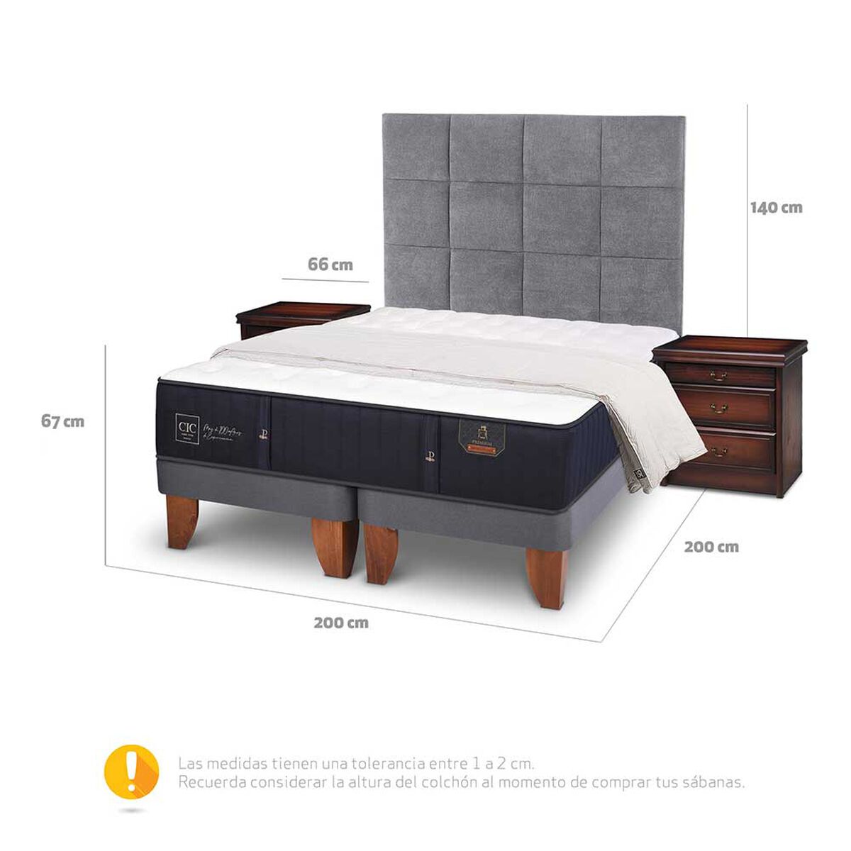 Cama Europea CIC Base Dividida S&uacute;per King Premium + Respaldo + Veladores + Plum&oacute;n Ganso