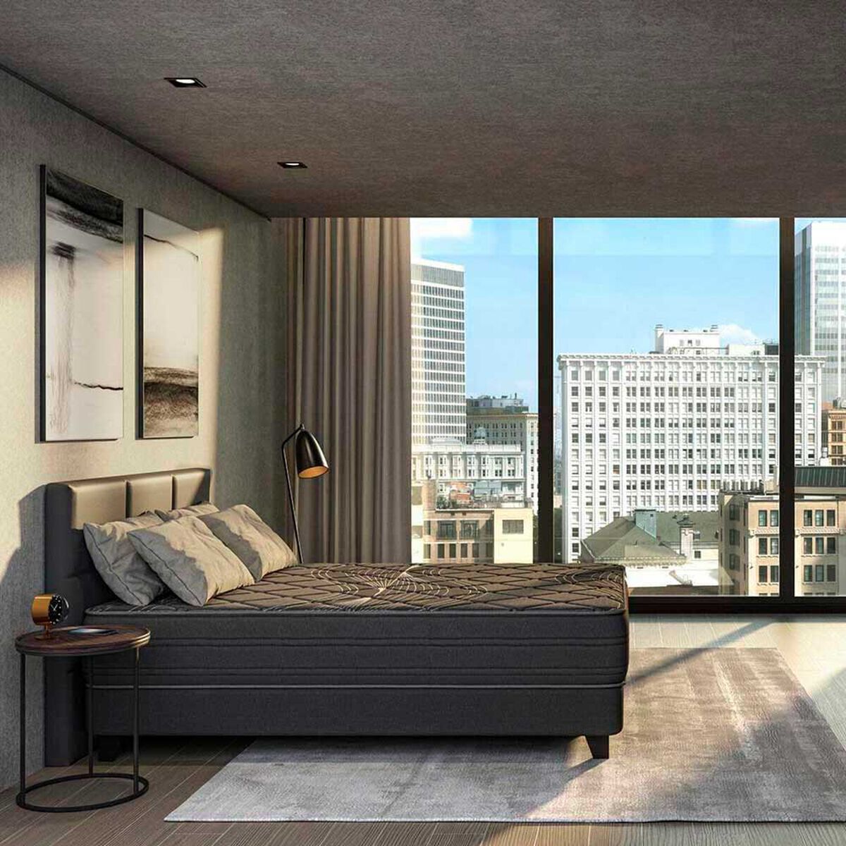 Cama Europea Flex Base Dividida S&uacute;per King Black + Respaldo Design Gris + 2 Veladores Rover
