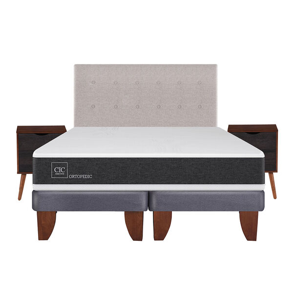 Cama Europea CIC Base Dividida 2 Plazas Ortopedic + Respaldo + 2 Veladores Tigris